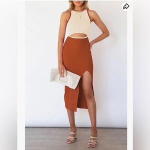 Women's Summer Cutout Midi Dress Crew Neck Sleeveless Tank Slit Ribbed Bodycon